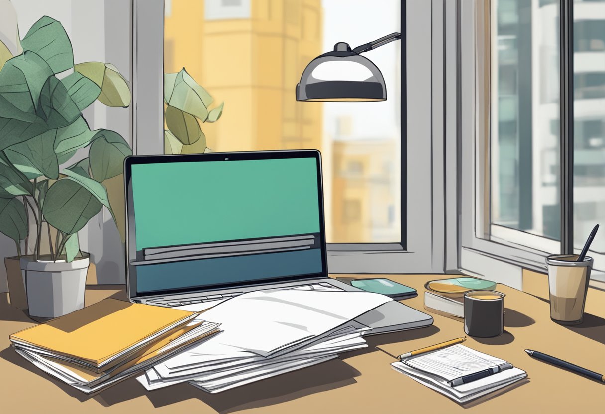A table with a laptop, a stack of papers, and a pen. A sign with "Frequently Asked Questions Ray-Ban Singapore" on the wall
