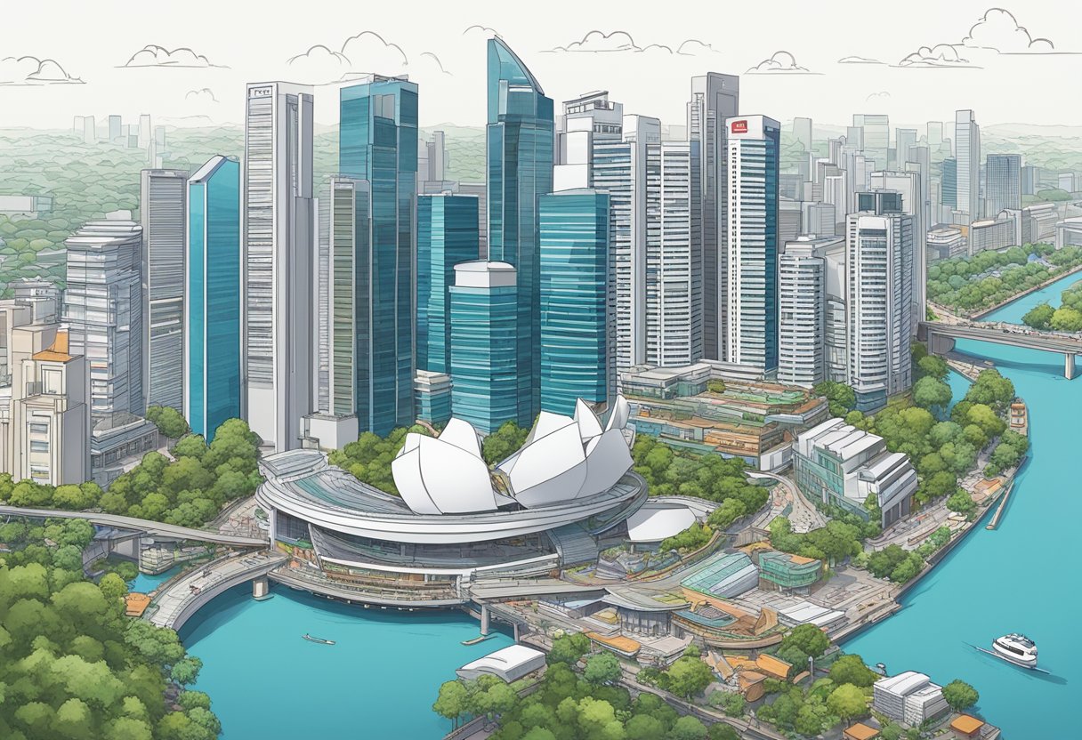 The bustling city of Singapore is captured in the illustration, with the iconic GXS Bank building standing tall amidst the modern skyline