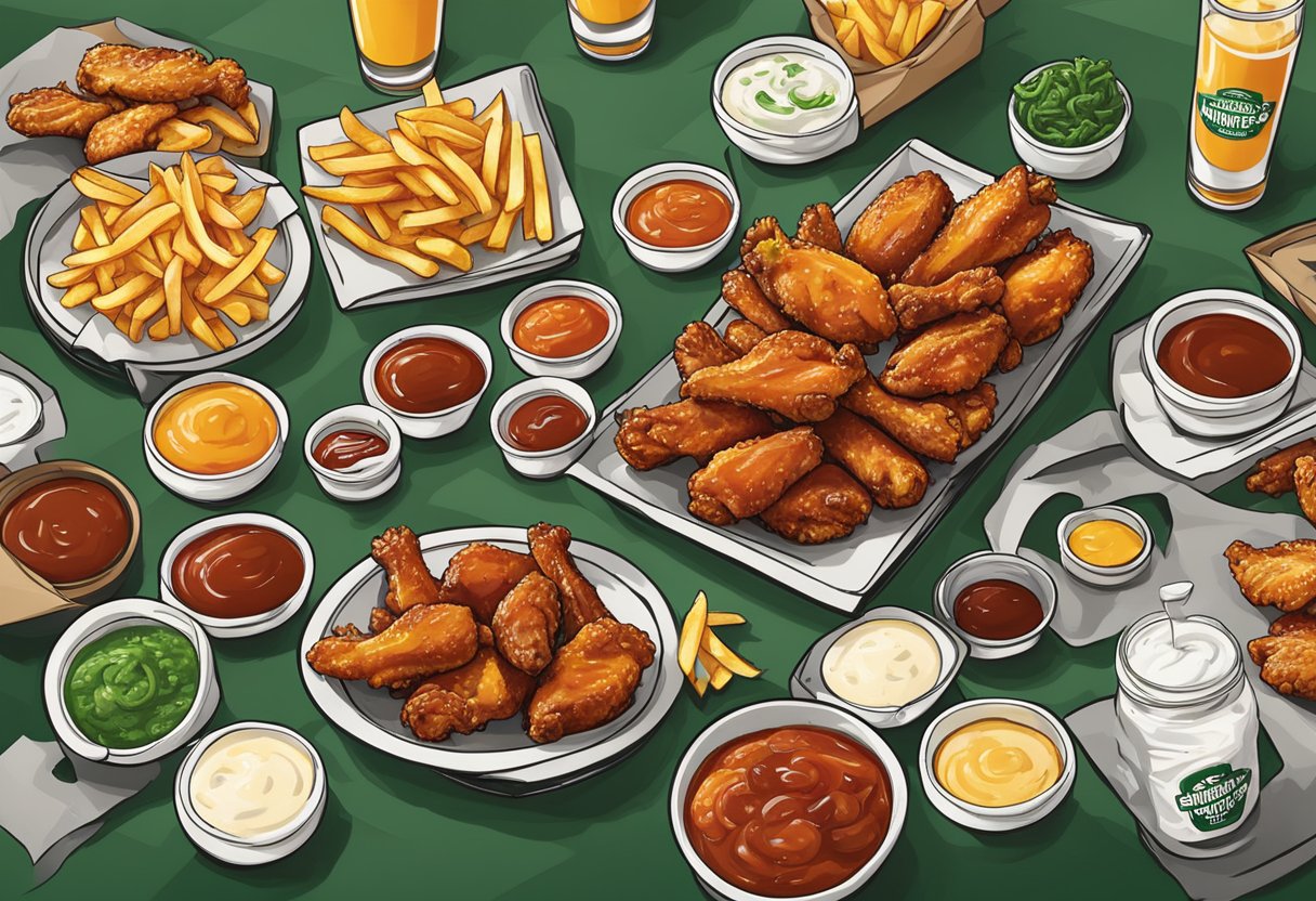 A table set with a variety of saucy chicken wings, fries, and dipping sauces at Wingstop Singapore