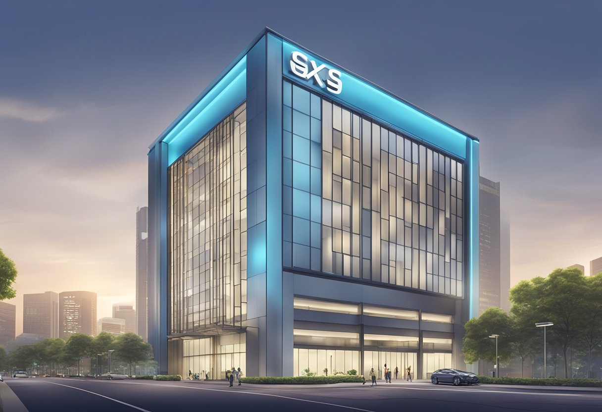 A modern bank building with sleek architecture and a prominent GXS Bank Services sign in Singapore