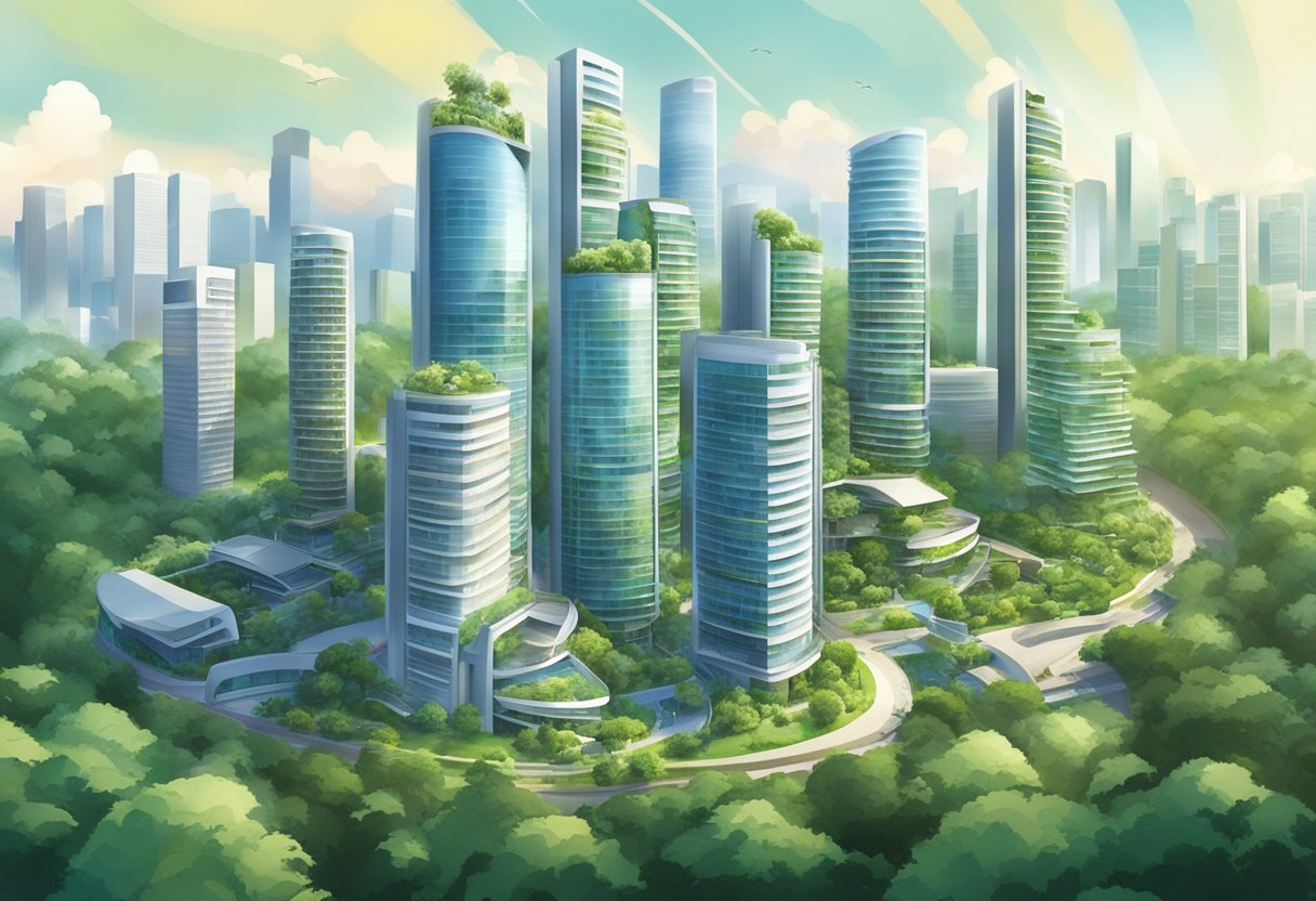 A modern cityscape with sleek skyscrapers and lush greenery, blending nature and technology in the heart of Singapore's Citadines Fusionopolis