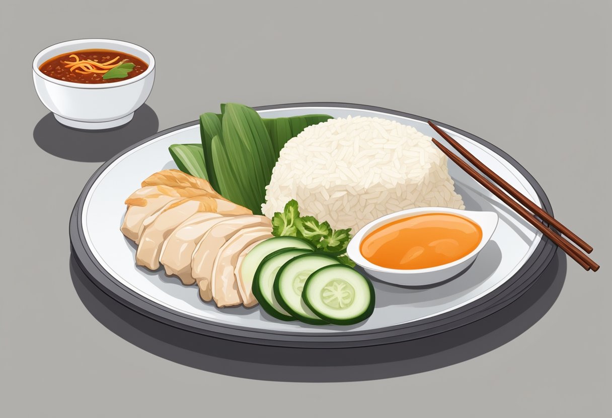 A plate of Singapore chicken rice with tender slices of poached chicken, fragrant rice, and a side of chili sauce and cucumber