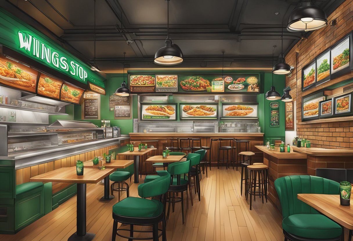 The Wingstop in Singapore is bustling with diners, the aroma of sizzling hot wings fills the air, and the vibrant decor exudes a lively and inviting atmosphere