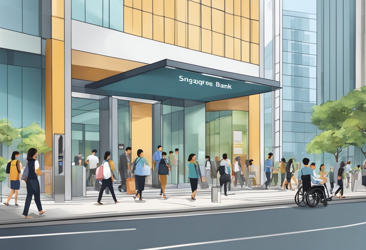 A bustling city street with diverse people entering a modern bank in Singapore, with clear signage and wheelchair-accessible entrance