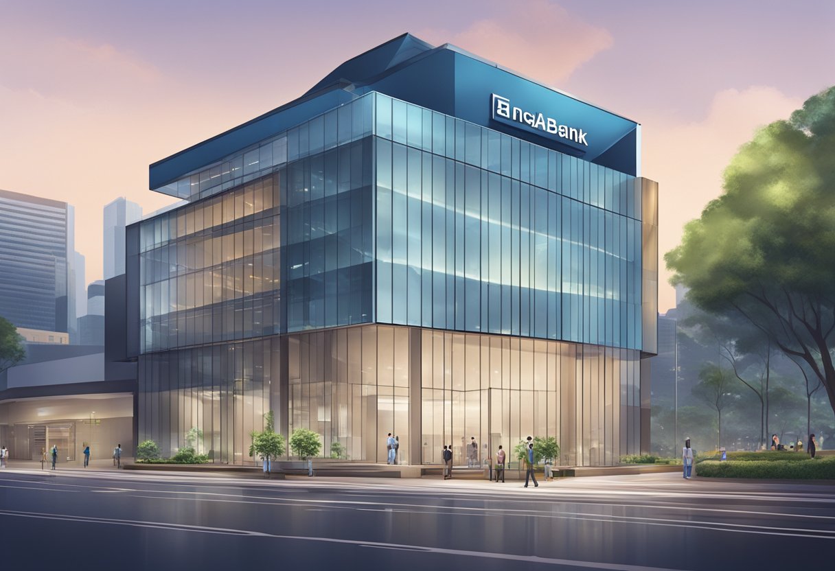 A modern, sleek bank building in Singapore with a prominent "Frequently Asked Questions" sign displayed outside