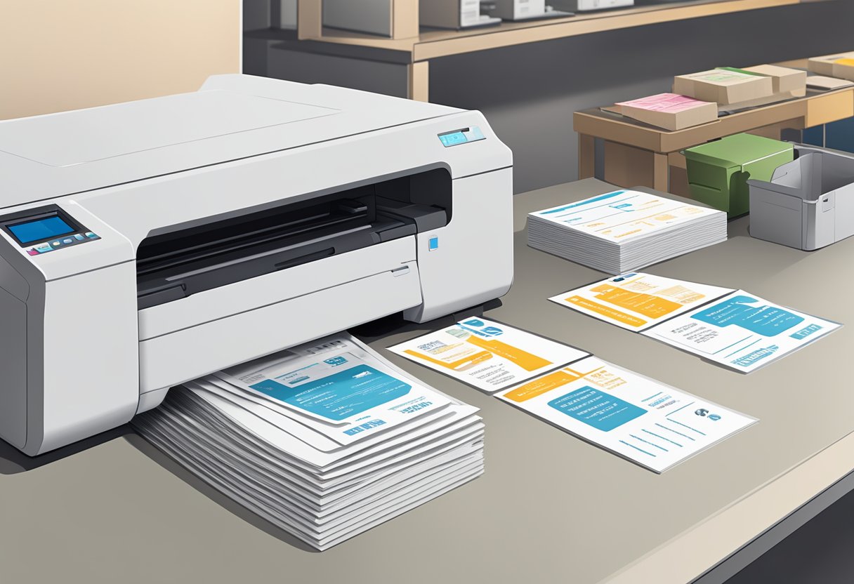 A printer in Singapore produces name cards, with a stack of freshly printed cards and a machine in the background