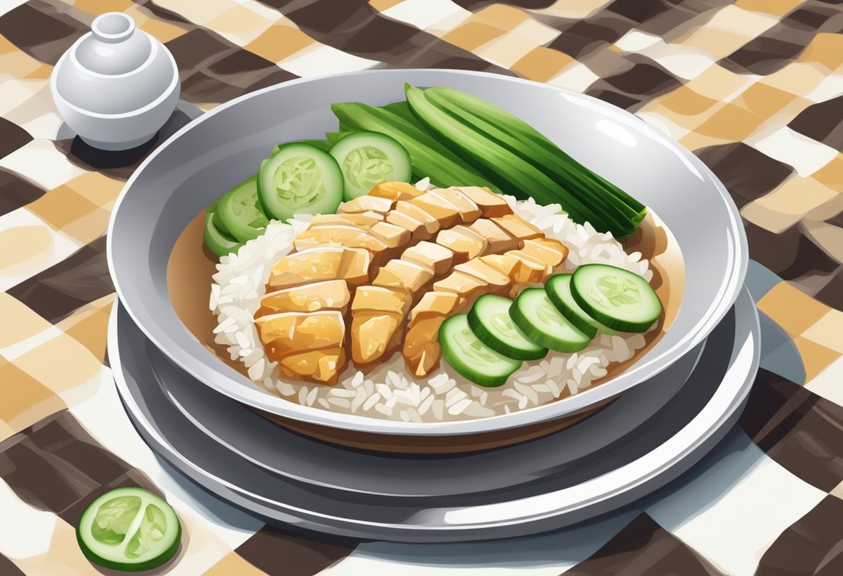 A steaming plate of Singapore chicken rice sits on a checkered tablecloth, garnished with fresh cucumber slices and drizzled with fragrant soy sauce