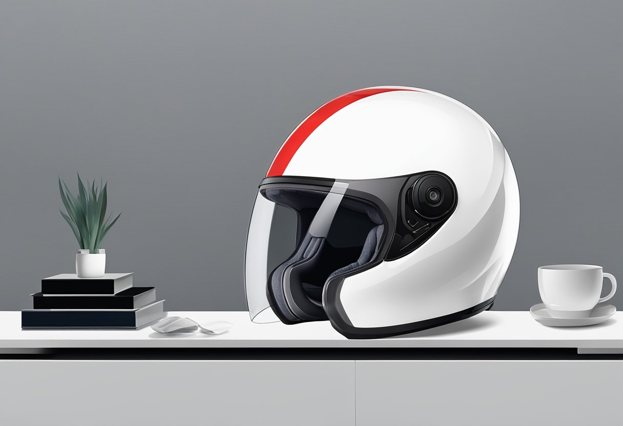 A sleek motorcycle helmet sits on a clean, modern table in a bright, minimalist apartment in Singapore. The helmet is black with a glossy finish and features a bold, red stripe down the center