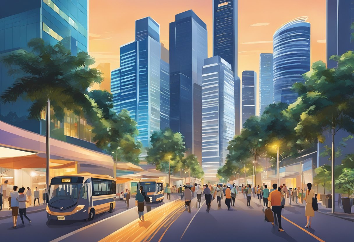 The Singapore business district bustles with activity as people navigate through towering skyscrapers and bustling streets. Bright lights and modern architecture create a dynamic and vibrant atmosphere