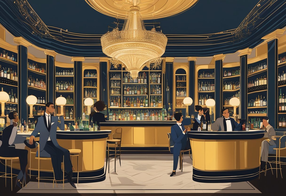 Guests sip cocktails under a grand chandelier at the opulent Atlas Bar, surrounded by shelves of vintage liquor and a stunning art deco interior