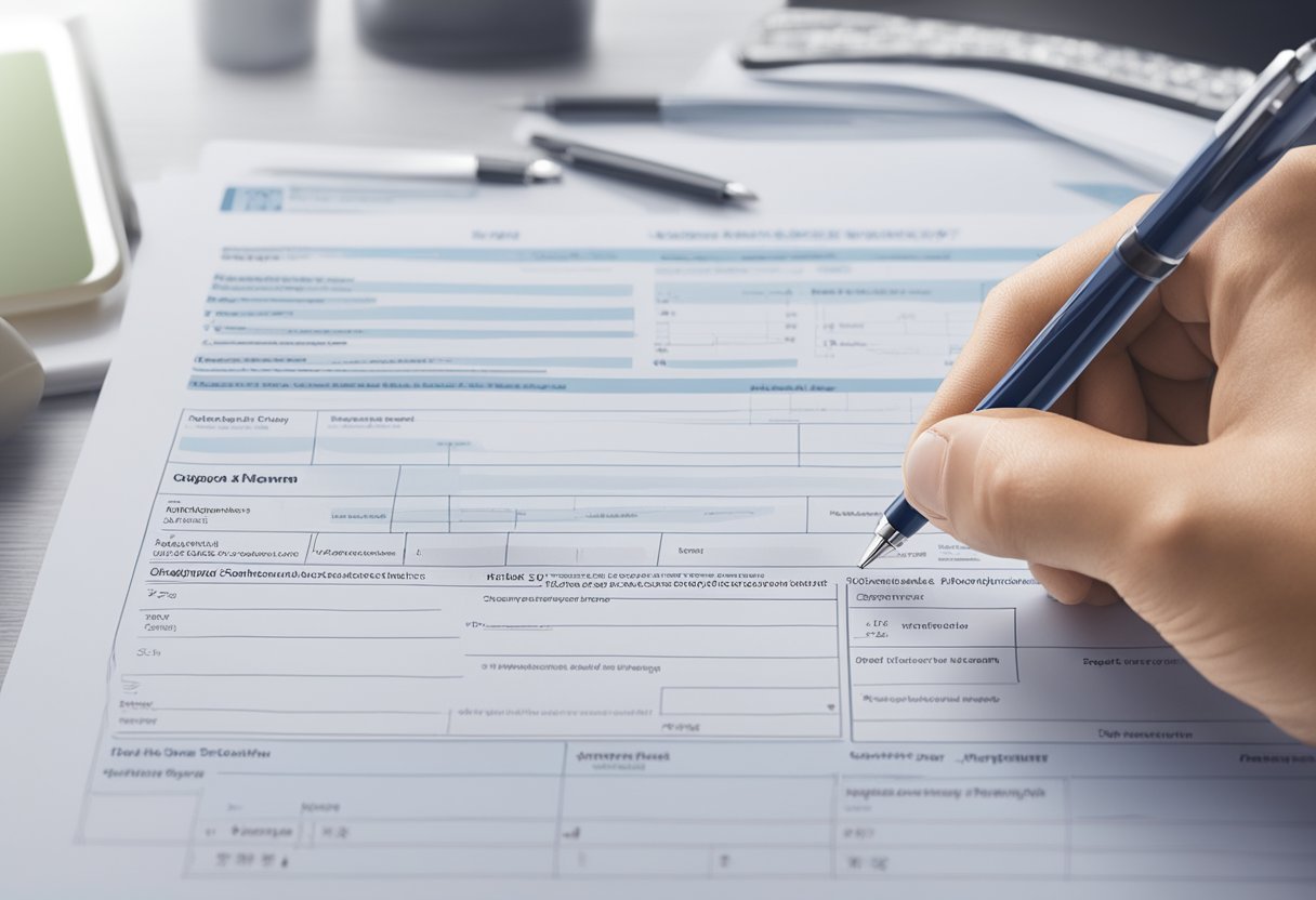 A hand holding a pen fills out a Singapore immigration form on a clean, well-lit desk. The form is neatly organized with clear sections for personal information