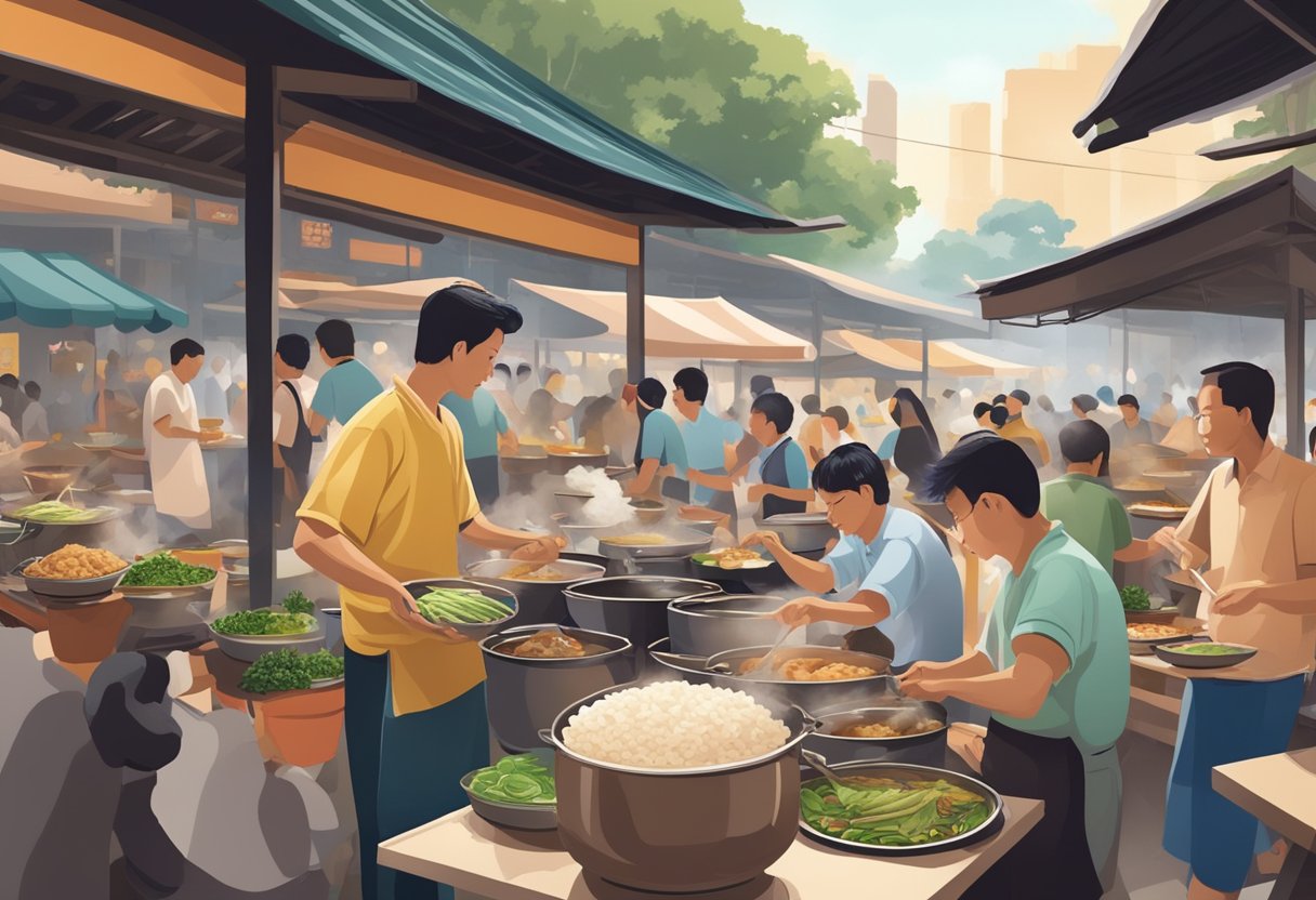 A bustling hawker center with steaming pots, fragrant rice, and succulent chicken, surrounded by diners enjoying the iconic flavors of Singaporean cuisine