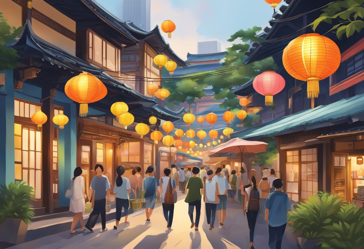 The bustling streets of Hashida Singapore, filled with colorful lanterns and traditional Japanese architecture, create a vibrant and lively atmosphere