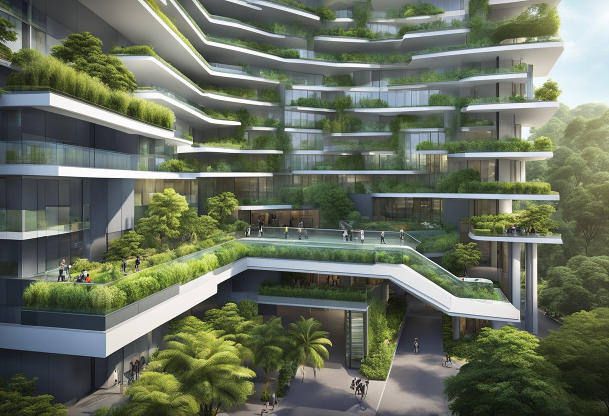 The modern facade of Citadines Fusionopolis, with wheelchair ramps and elevator access, stands against a backdrop of lush greenery in Singapore