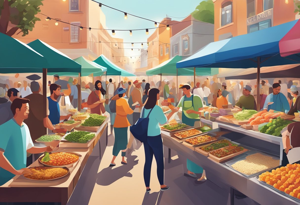 A bustling food market with diverse dishes and vibrant colors, surrounded by people enjoying their culinary delights and drink pairings