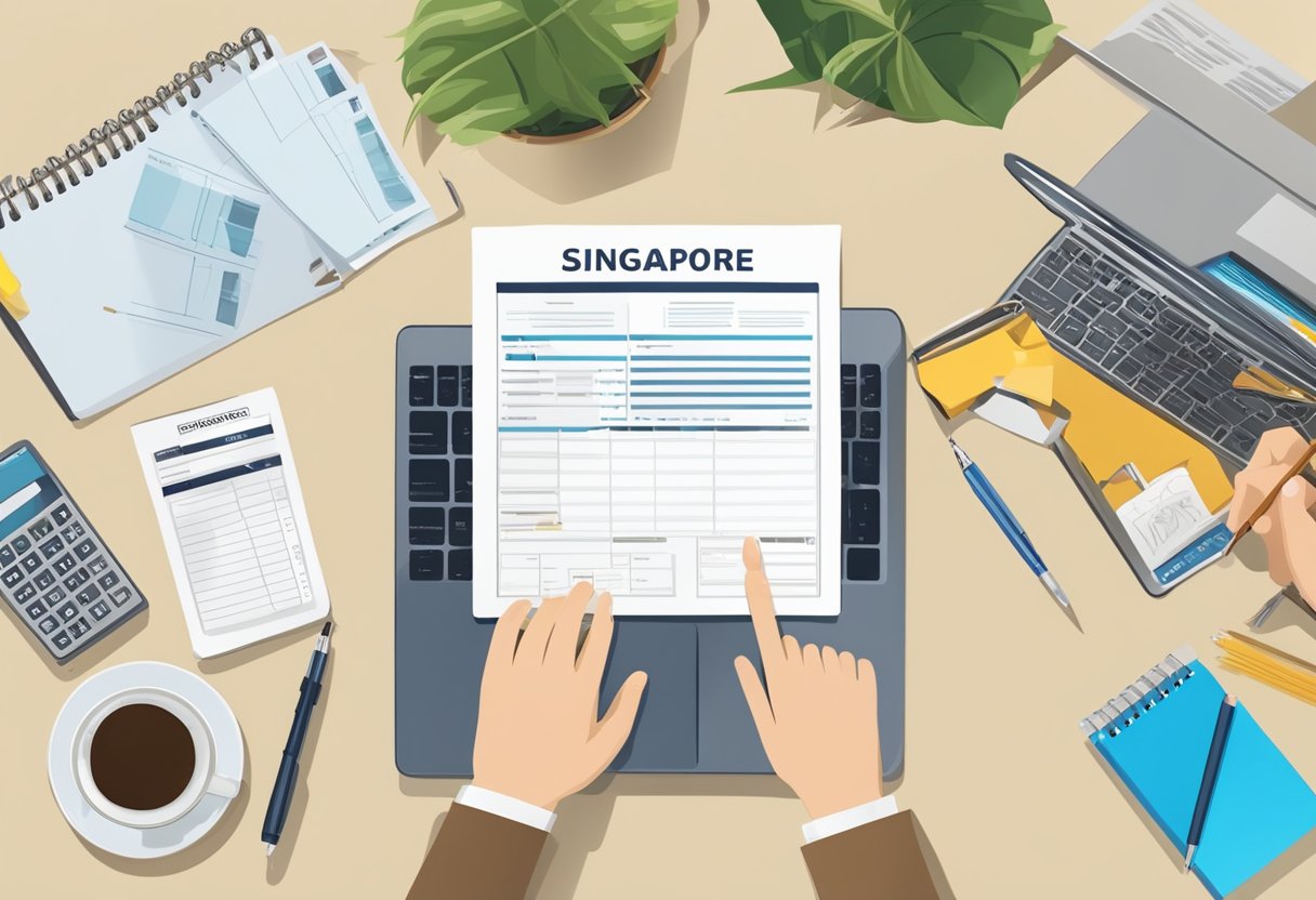 The Singapore immigration form is being filled out by a person sitting at a desk with a pen in hand. The form is laid out on the table with a cup of coffee and a laptop nearby