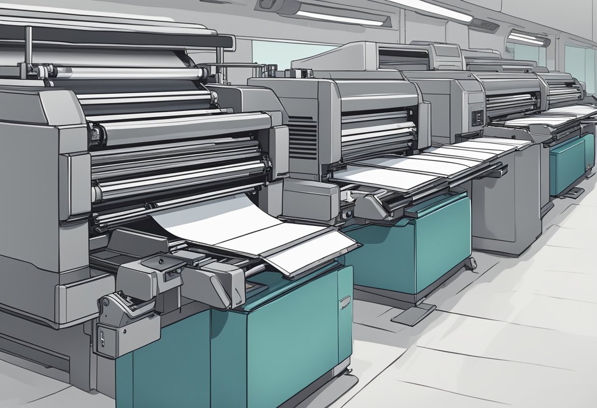 A printing machine rolls out freshly printed name cards in a Singaporean print shop. The cards are neatly stacked and ready for distribution