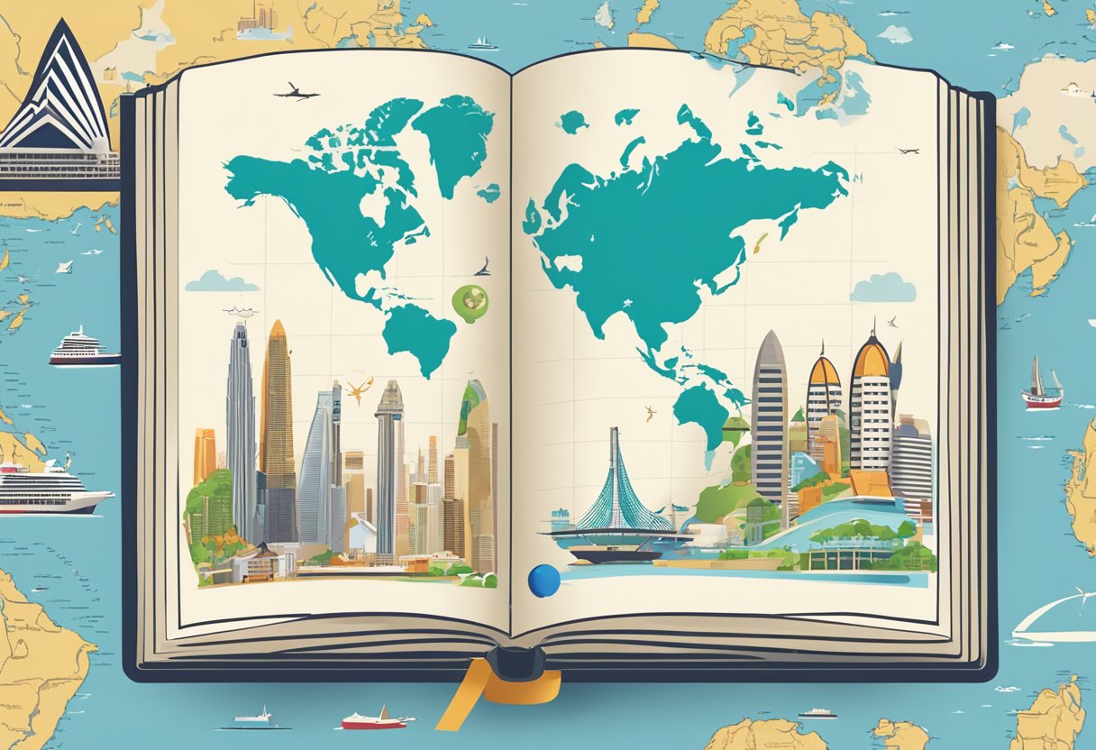 An open book with "Frequently Asked Questions atlas Singapore" on the cover, surrounded by a world map and various landmarks of Singapore