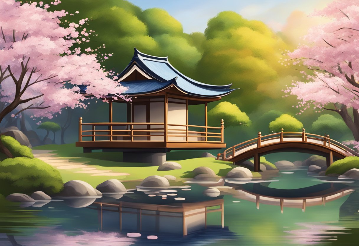 A serene Japanese garden with a traditional wooden tea house, surrounded by cherry blossom trees and a tranquil pond