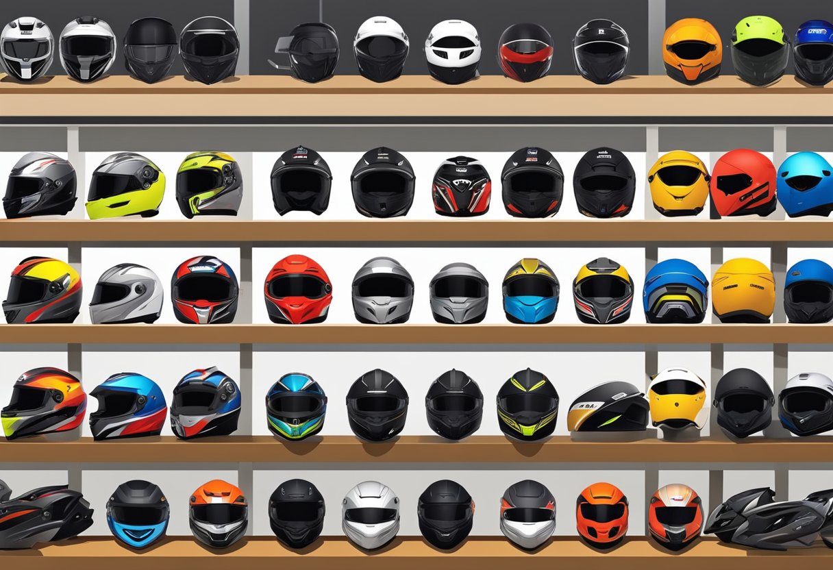 Various motorcycle helmets displayed on shelves in a Singapore store. Full-face, open-face, and modular designs are showcased in different colors and styles