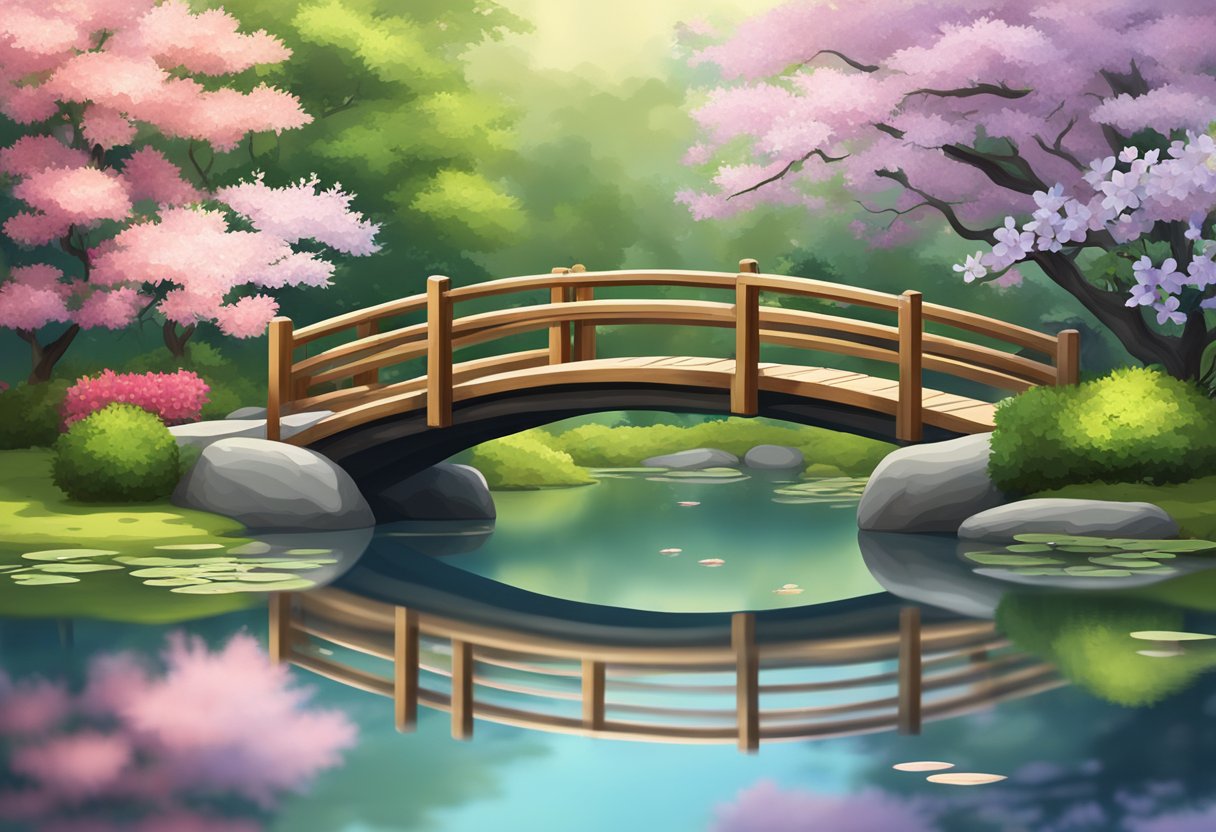 A serene Japanese garden with a traditional wooden bridge over a tranquil pond, surrounded by lush greenery and vibrant blossoms