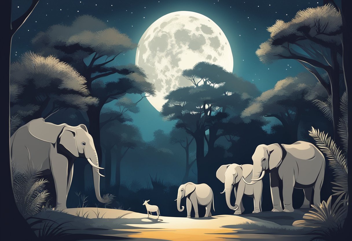 Animals roam under moonlit sky in Night Safari. Trees cast shadows, creating a mysterious and enchanting atmosphere
