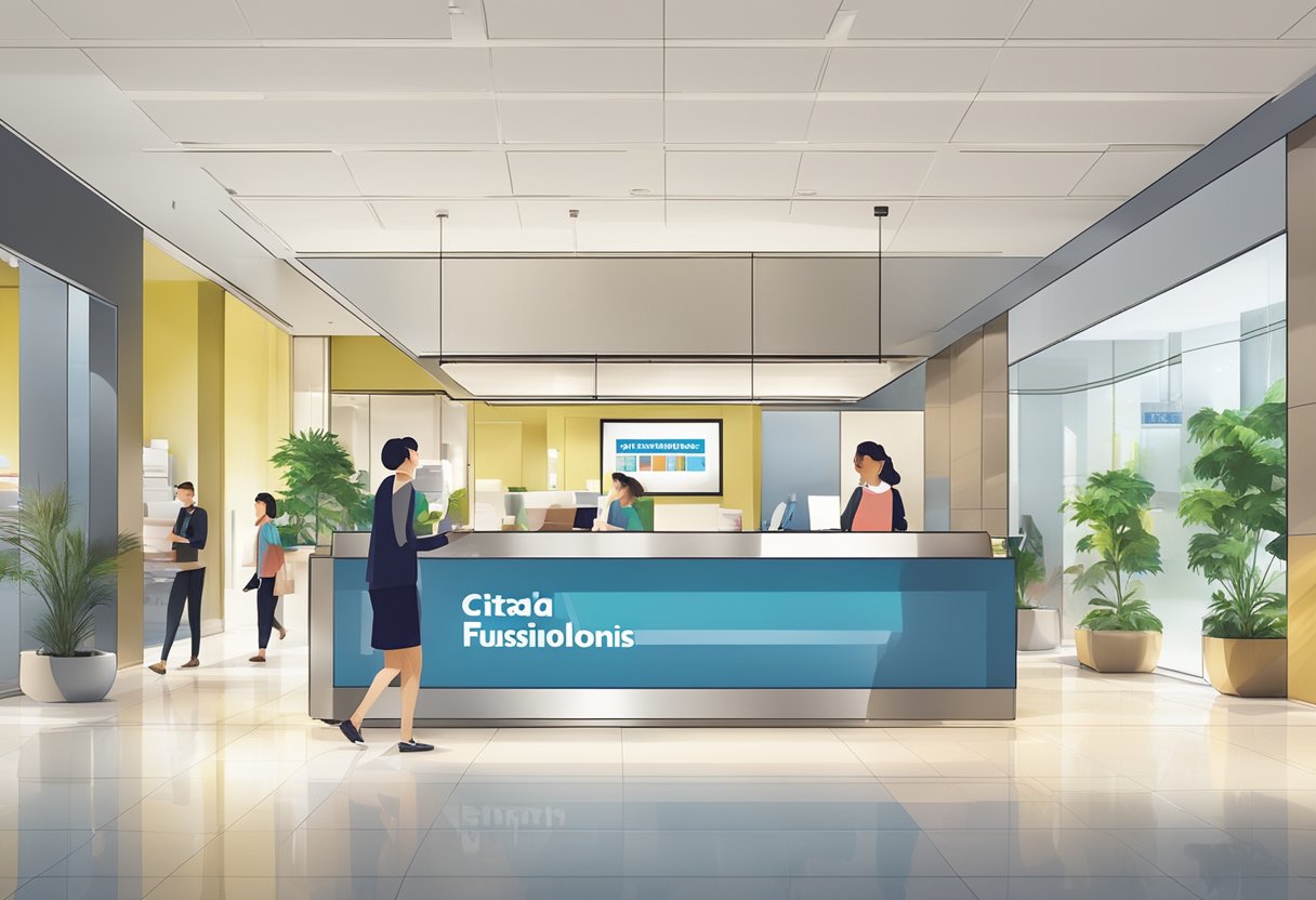 A bustling lobby with a reception desk, people coming and going, a sign displaying "Frequently Asked Questions - Citadines Fusionopolis Singapore" in bold letters