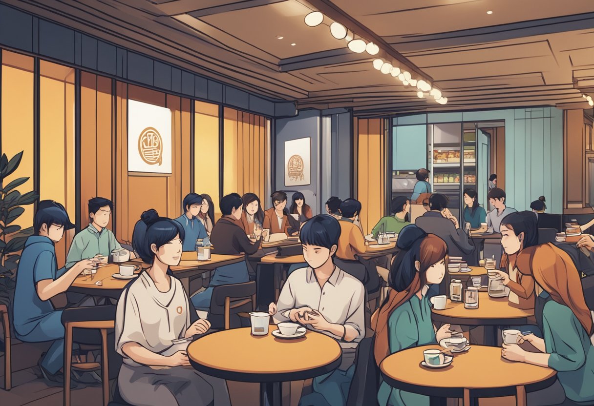 A stack of FAQ cards with the logo of Hashida Singapore, surrounded by a group of curious customers in a modern Japanese restaurant setting