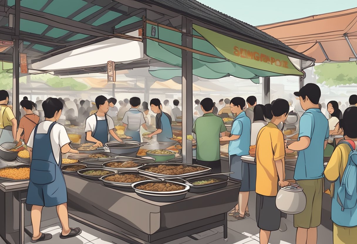 A bustling hawker center with steaming pots, fragrant rice, and succulent chicken, as customers line up for the popular Singaporean dish