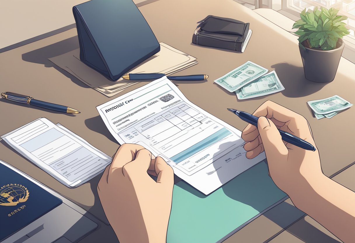 A hand holding a pen fills out the SG Arrival Card form at a desk, with a passport and travel documents nearby. The completed form is then placed in a submission box