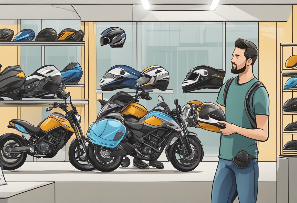 A person buying a motorcycle helmet at a shop, then cleaning and storing it at home