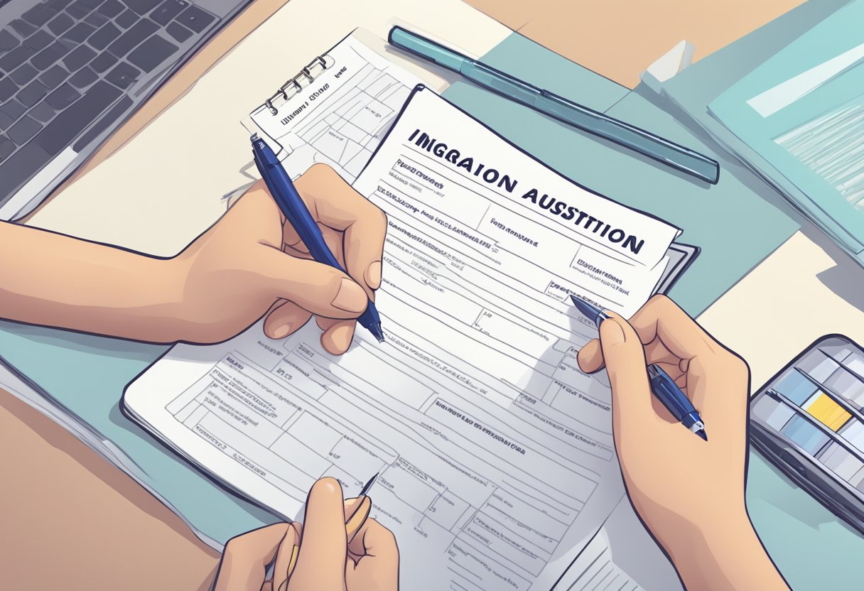 A hand holding a pen fills out a Singapore immigration form with a list of frequently asked questions