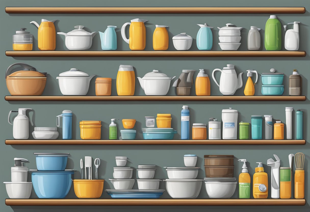 A variety of Hoe Kee products arranged neatly on shelves, including kitchen appliances, bathroom fixtures, and plumbing supplies