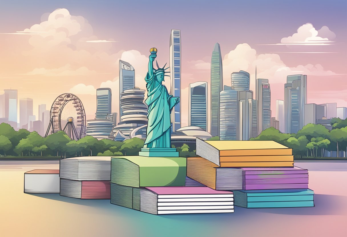 A stack of name cards with "Frequently Asked Questions" printed on them, set against a backdrop of iconic Singapore landmarks