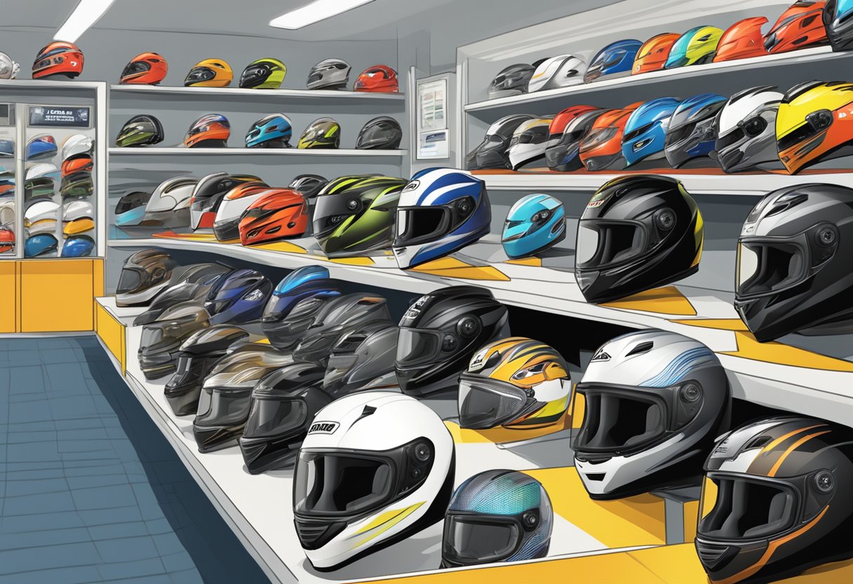 A motorcycle helmet displayed with a "Frequently Asked Questions" sign in a Singaporean shop