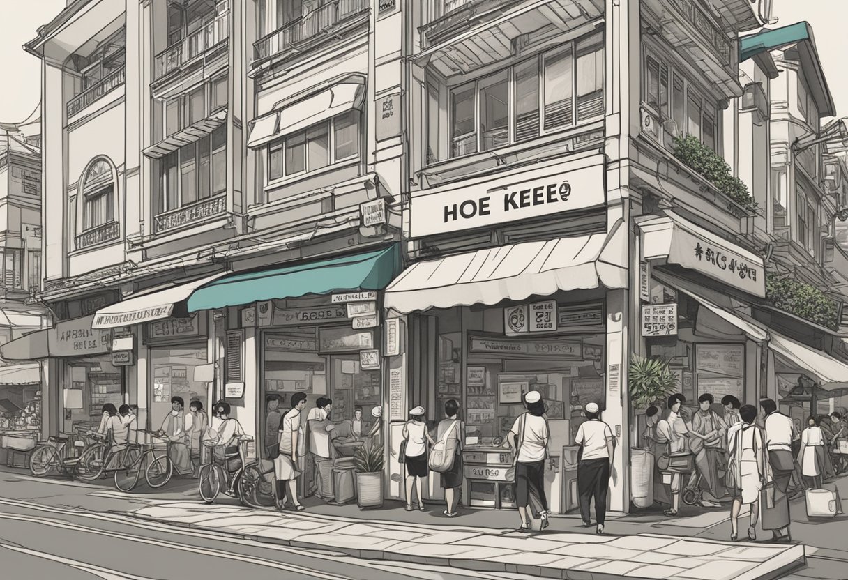 A bustling Singapore street with a prominent sign reading "Frequently Asked Questions" outside a store called "Hoe Kee."