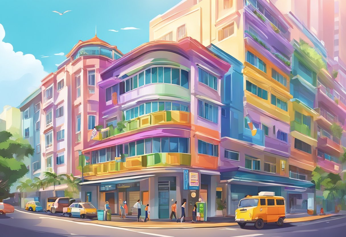 A colorful budget hotel in Singapore, with a bright sign and bustling street outside