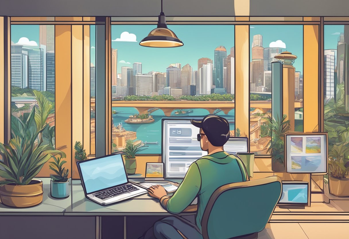 A traveler browses a laptop, searching for affordable accommodation in Singapore. The screen displays various hotel options and prices