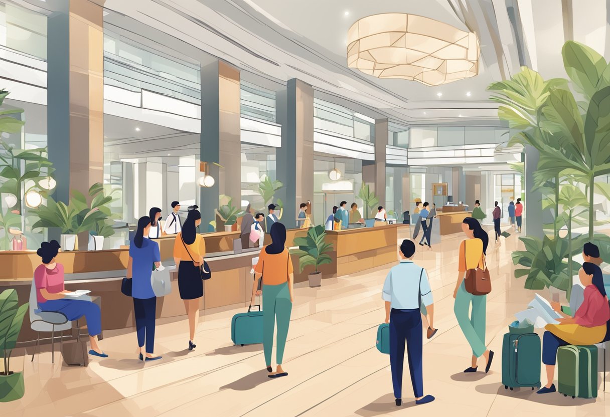 A bustling hotel lobby with modern decor, a sleek check-in desk, and guests milling about. A sign reading "Maximising Your Stay hotel murah singapore" hangs prominently