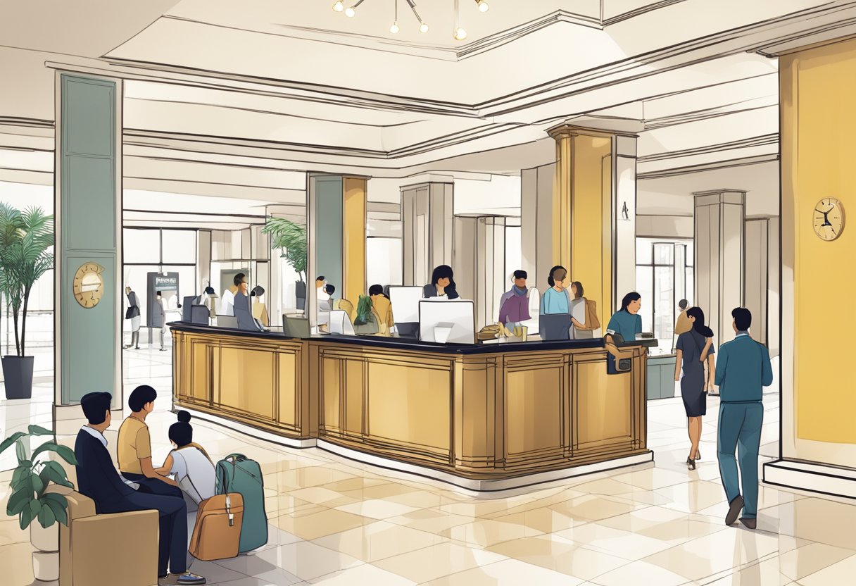 A busy hotel lobby with a sign "Frequently Asked Questions" in Singapore. People approach the front desk, while others sit and wait