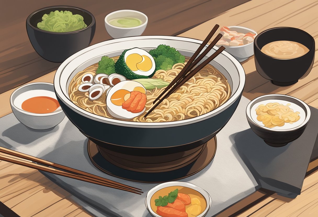 A steaming bowl of Ichiran ramen sits on a sleek wooden table, surrounded by condiments and chopsticks. The minimalist decor of the restaurant creates a serene and focused atmosphere