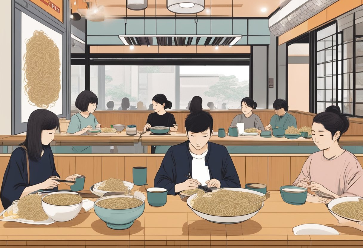 Customers slurping noodles at Ichiran Ramen's new Singapore location, surrounded by minimalist decor and the aroma of savory broth