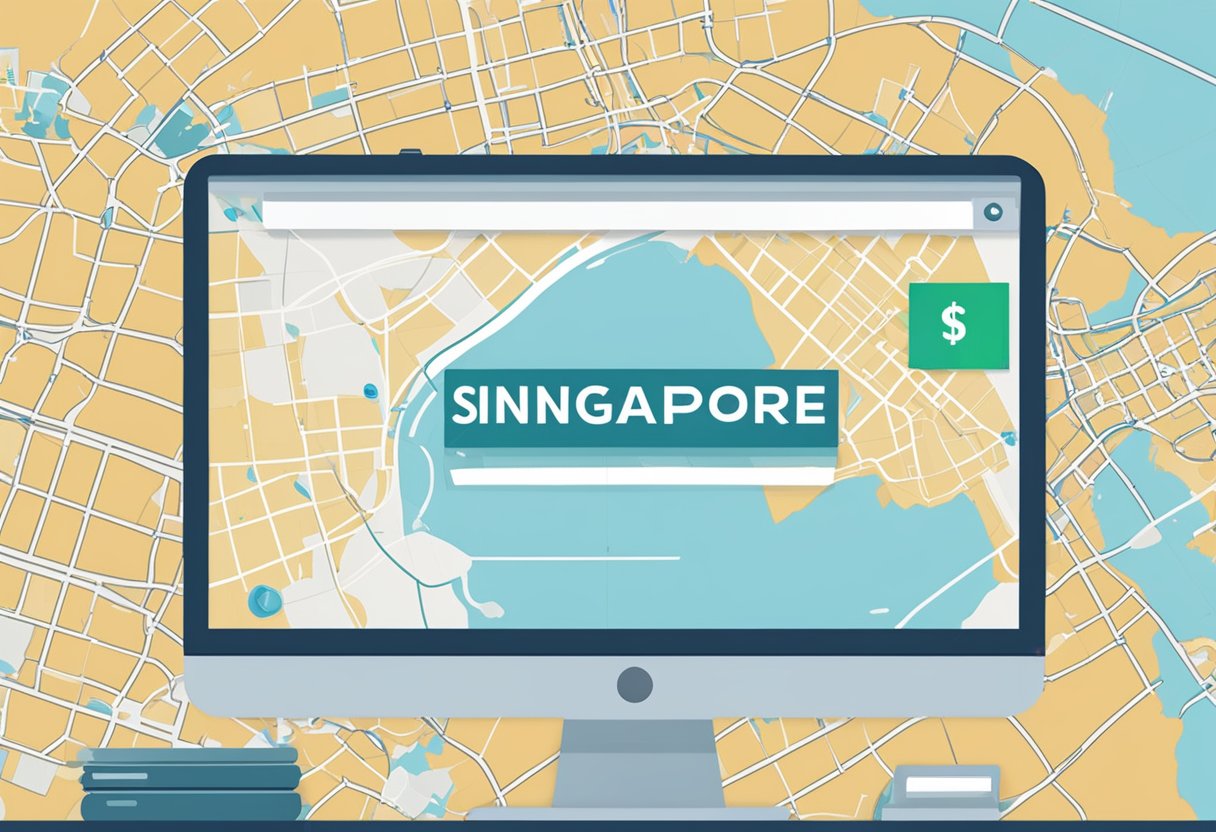 A computer screen displaying the words "ip check singapore" with a map of Singapore in the background