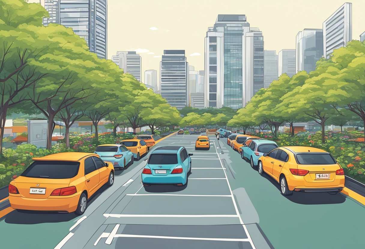 Cars parked in rows in a busy Singapore parking lot. Brightly colored signs and clear markings indicate designated parking spaces. Surrounding buildings and foliage add to the urban atmosphere