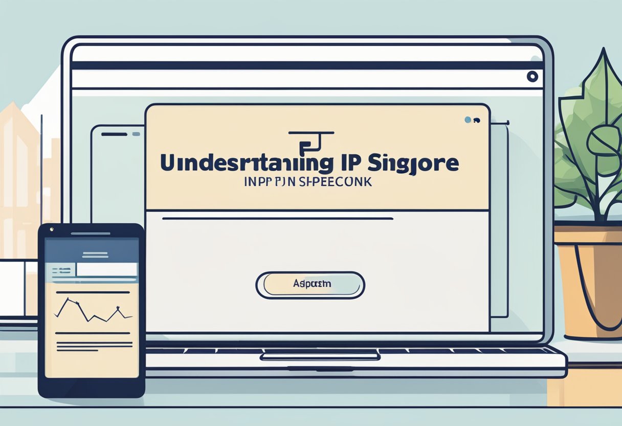 A computer screen displaying the words "Understanding IP in Singapore" with the website address "ipcheck.sg" visible at the top