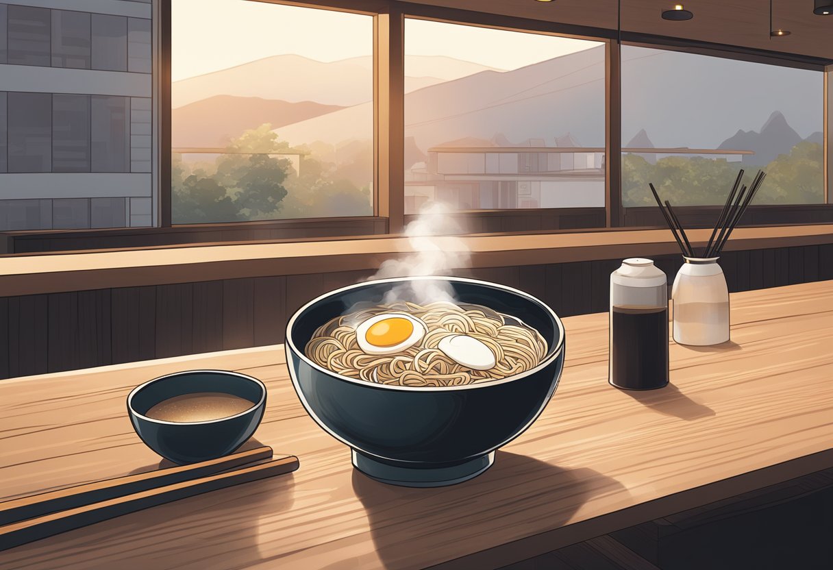 A steaming bowl of Ichiran ramen sits on a sleek, wooden counter. The broth glistens under the soft lighting, surrounded by a minimalist, modern decor