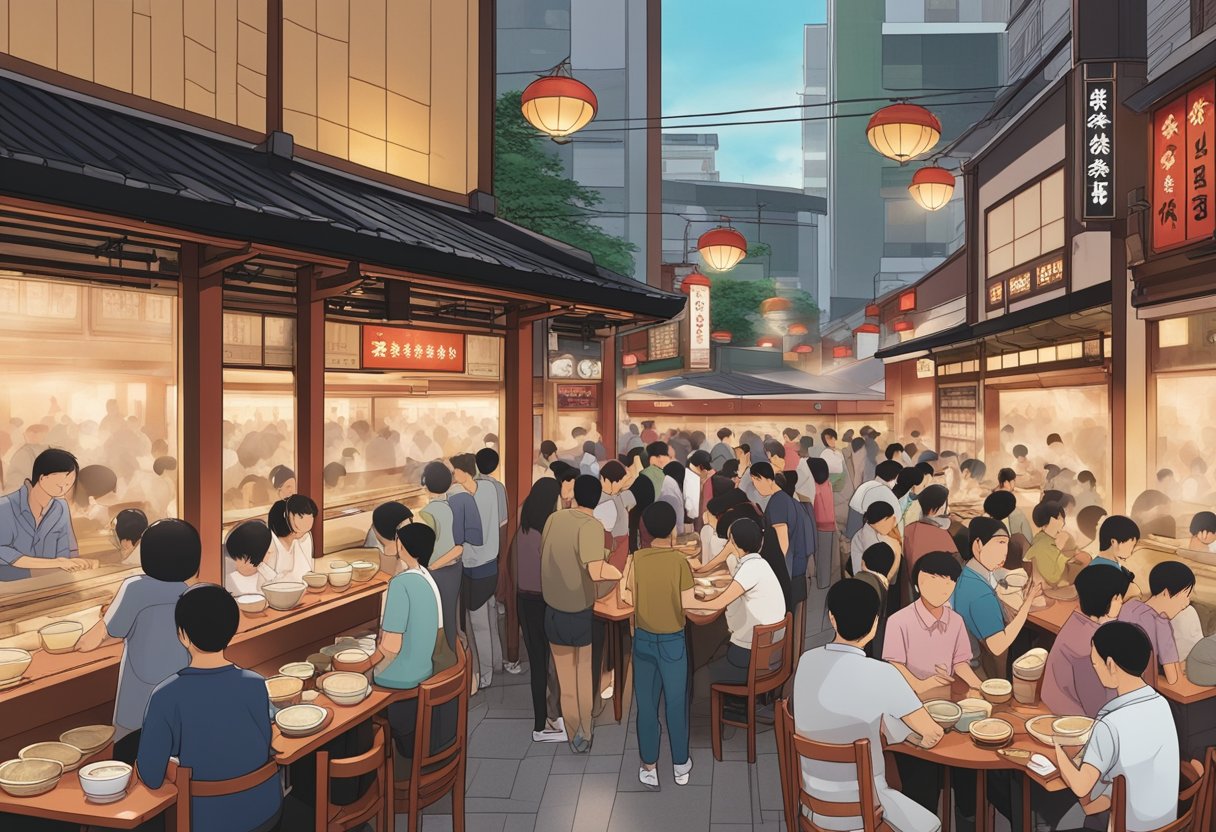 A crowded Ichiran Ramen restaurant in Singapore with customers lining up at the entrance and steam rising from bowls of ramen on each table