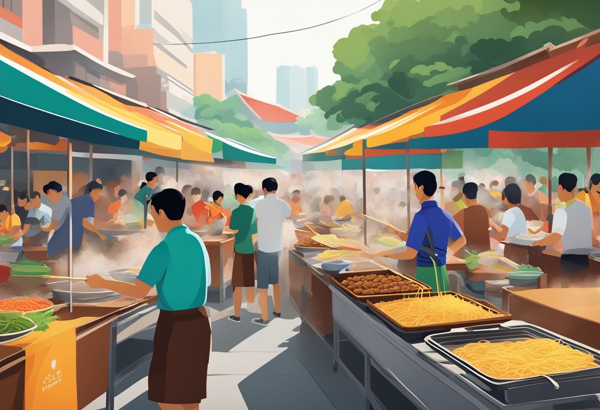A bustling hawker center in Singapore, with colorful food stalls and steaming woks. The aroma of sizzling noodles and spicy satay fills the air