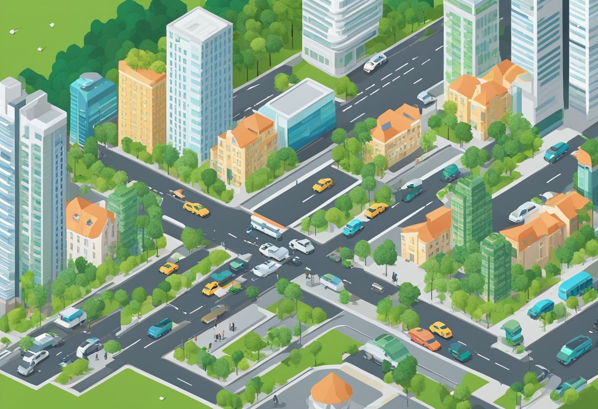 A bustling city street with cars and pedestrians, surrounded by tall buildings and greenery. The Parkopedia Singapore logo is prominently displayed on a digital screen