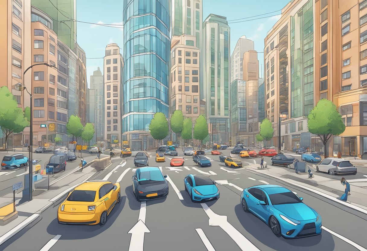 Cars navigating a busy city street, with Parkopedia logos displayed on nearby parking signs and meters